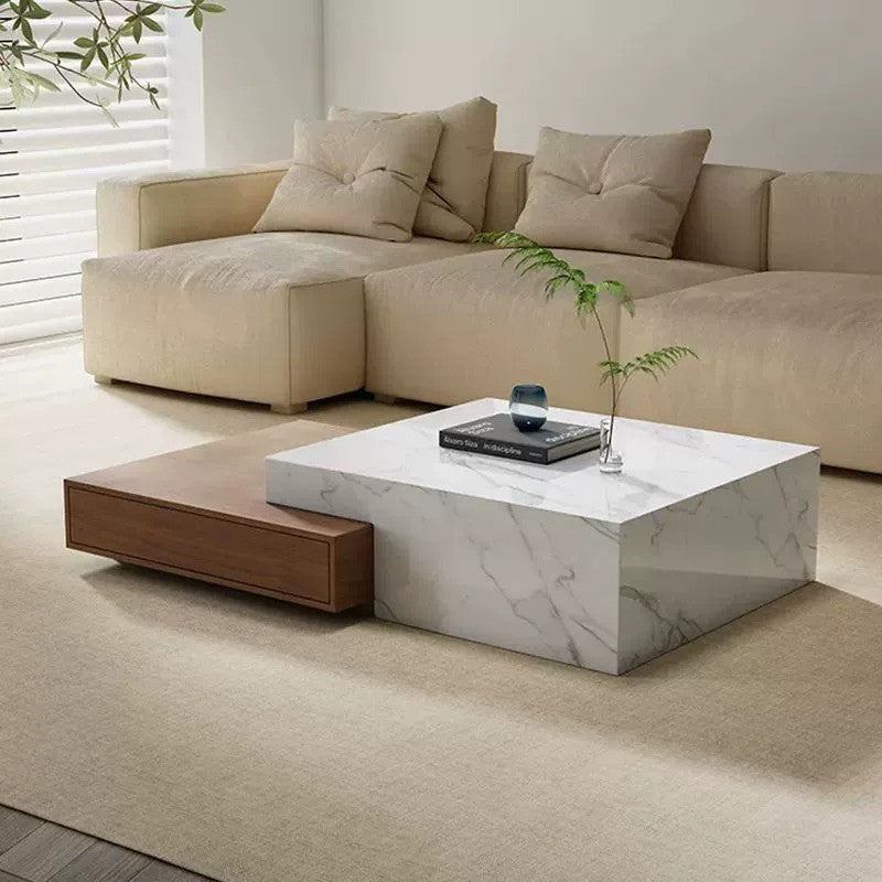 BT66 Coffee Table with Stone Veneer & Wood Drawers