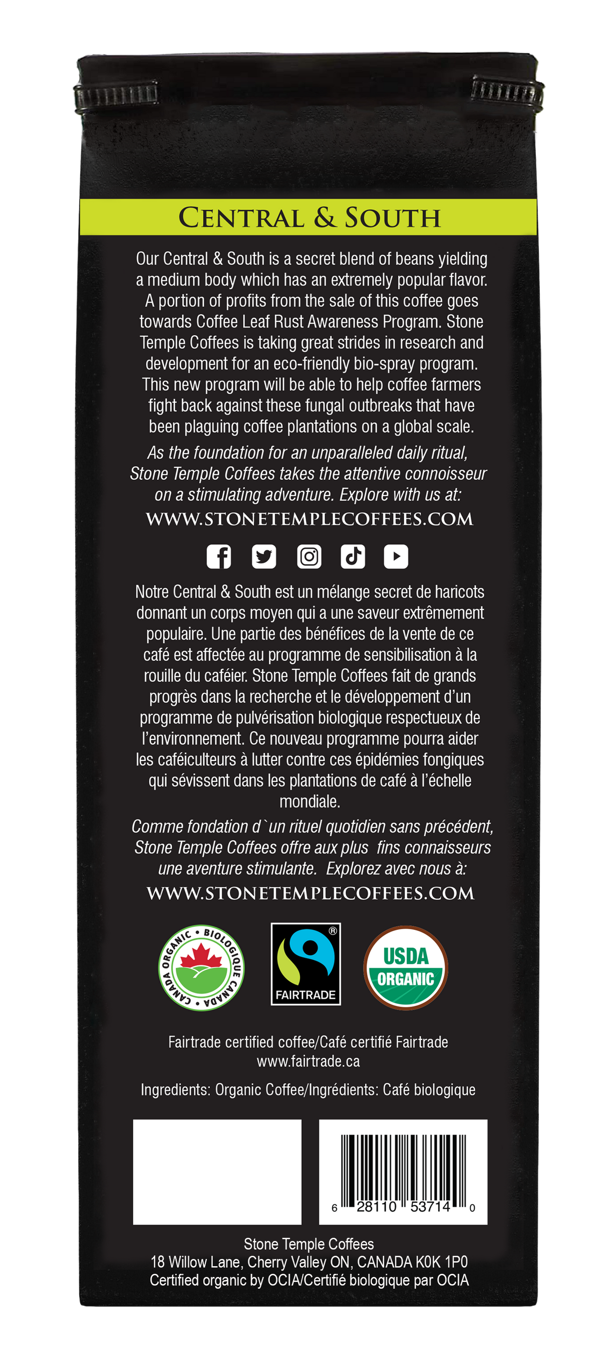 Central & South - Whole Bean, Medium Roast, Certified Organic OCIA/ Fairtrade Coffee 1lb/454g