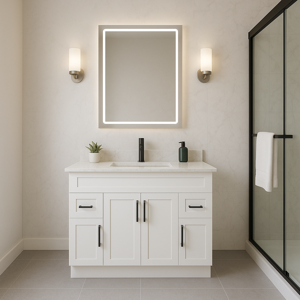48-Inch Shaker Bathroom Vanity — White or Gray | Plywood Cabinet, Solid-Wood Doors, Soft-Close 3-Way Clip-On Hinges