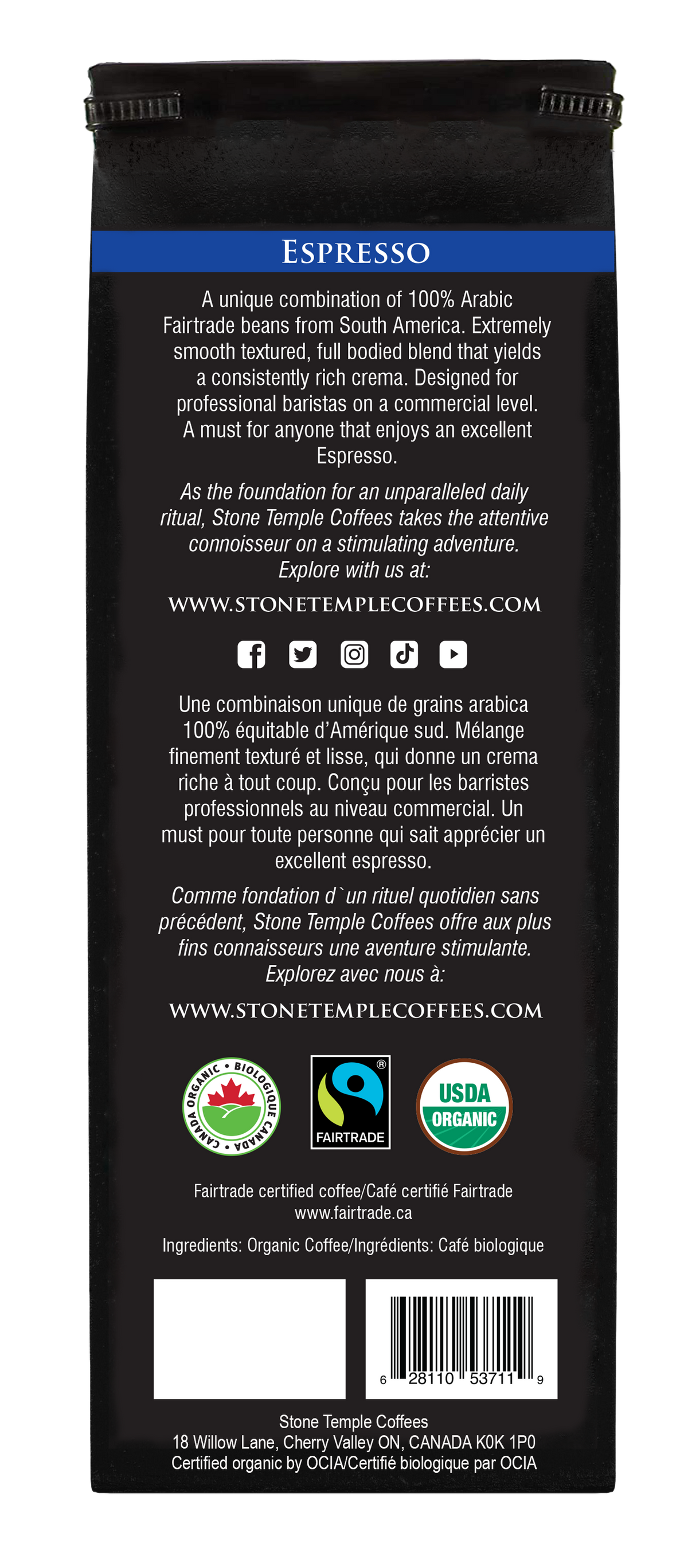 Espresso - Whole Bean, Espresso Roast, Certified Organic OCIA/ Fairtrade Coffee 1lb/454g