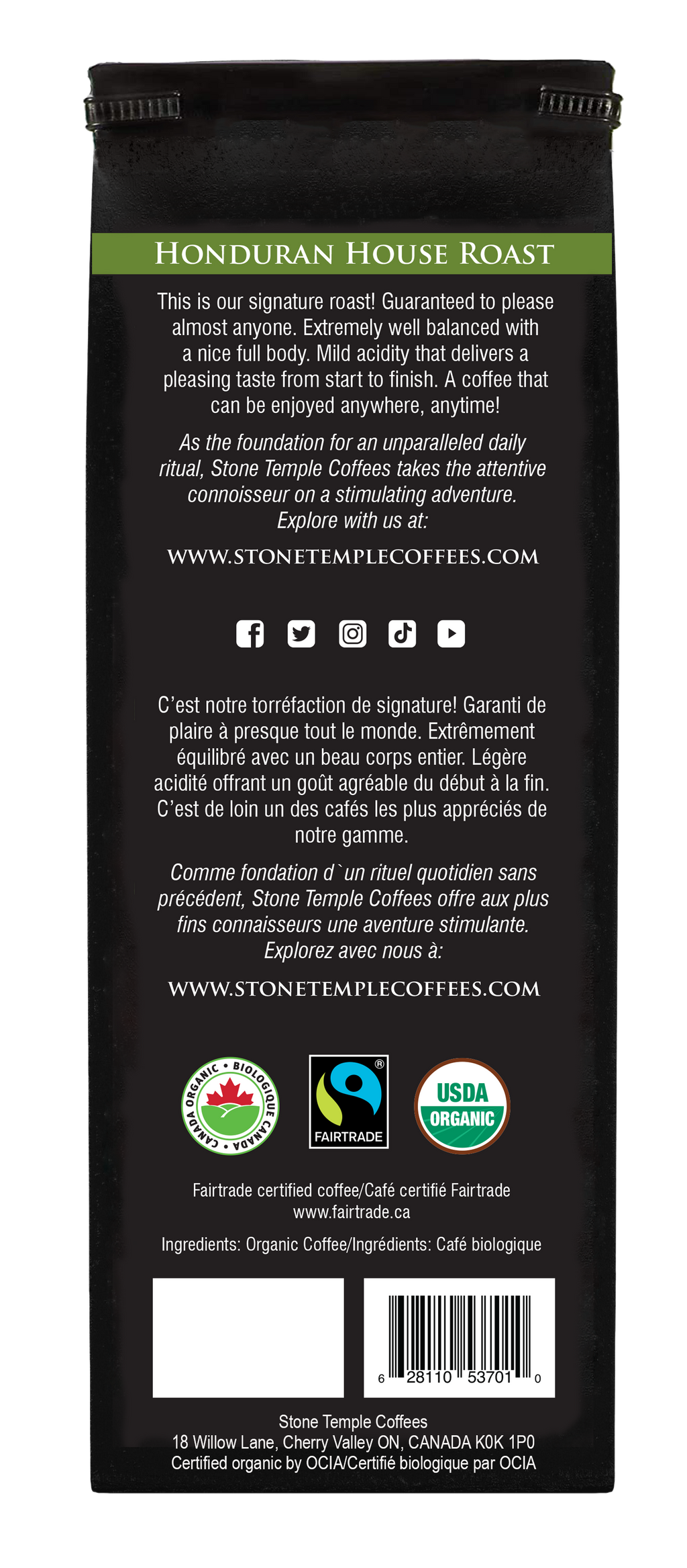 Honduran House Roast - Ground, Medium Roast, Certified Organic OCIA/ Fairtade Coffee 1lb/454g