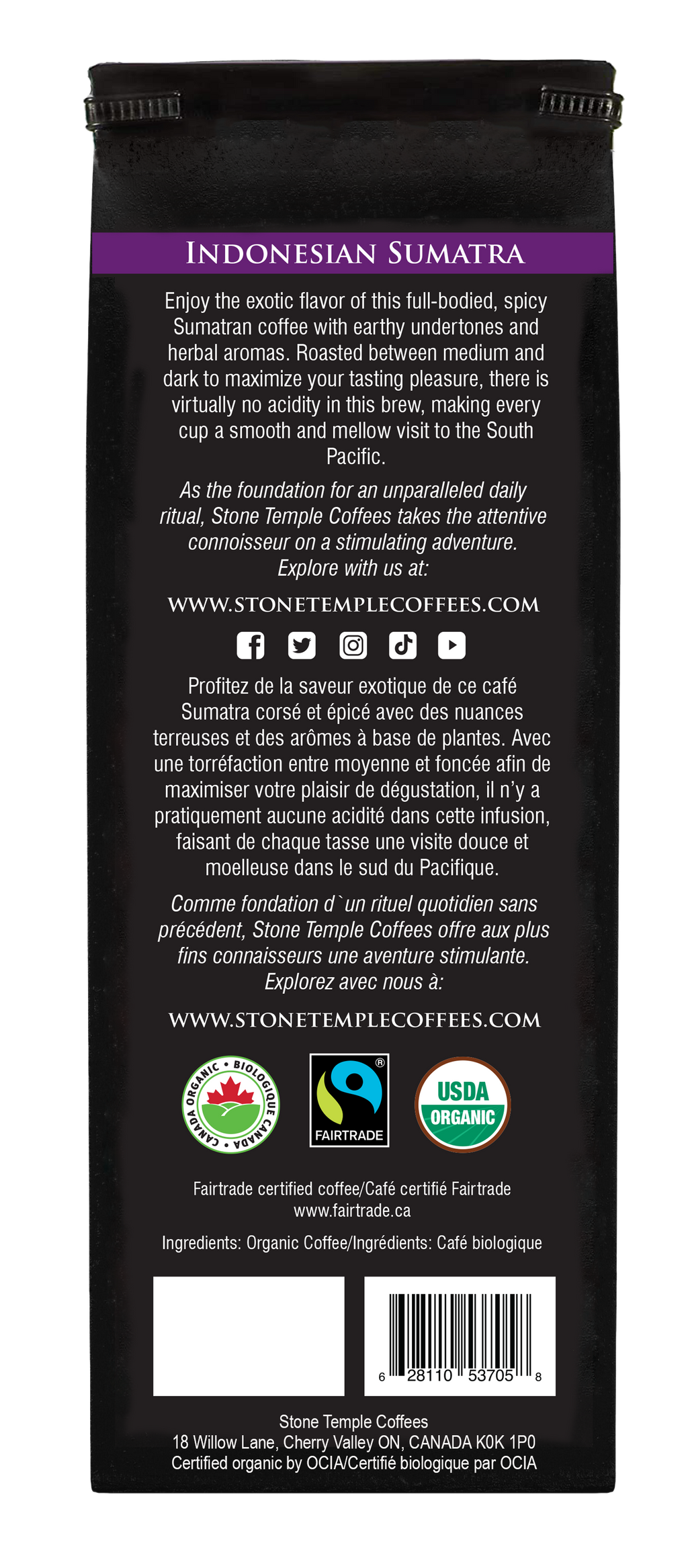 Indonesian Sumatra - Ground, Medium Roast, Certified Organic OCIA/ Fairtade Coffee 1lb/454g