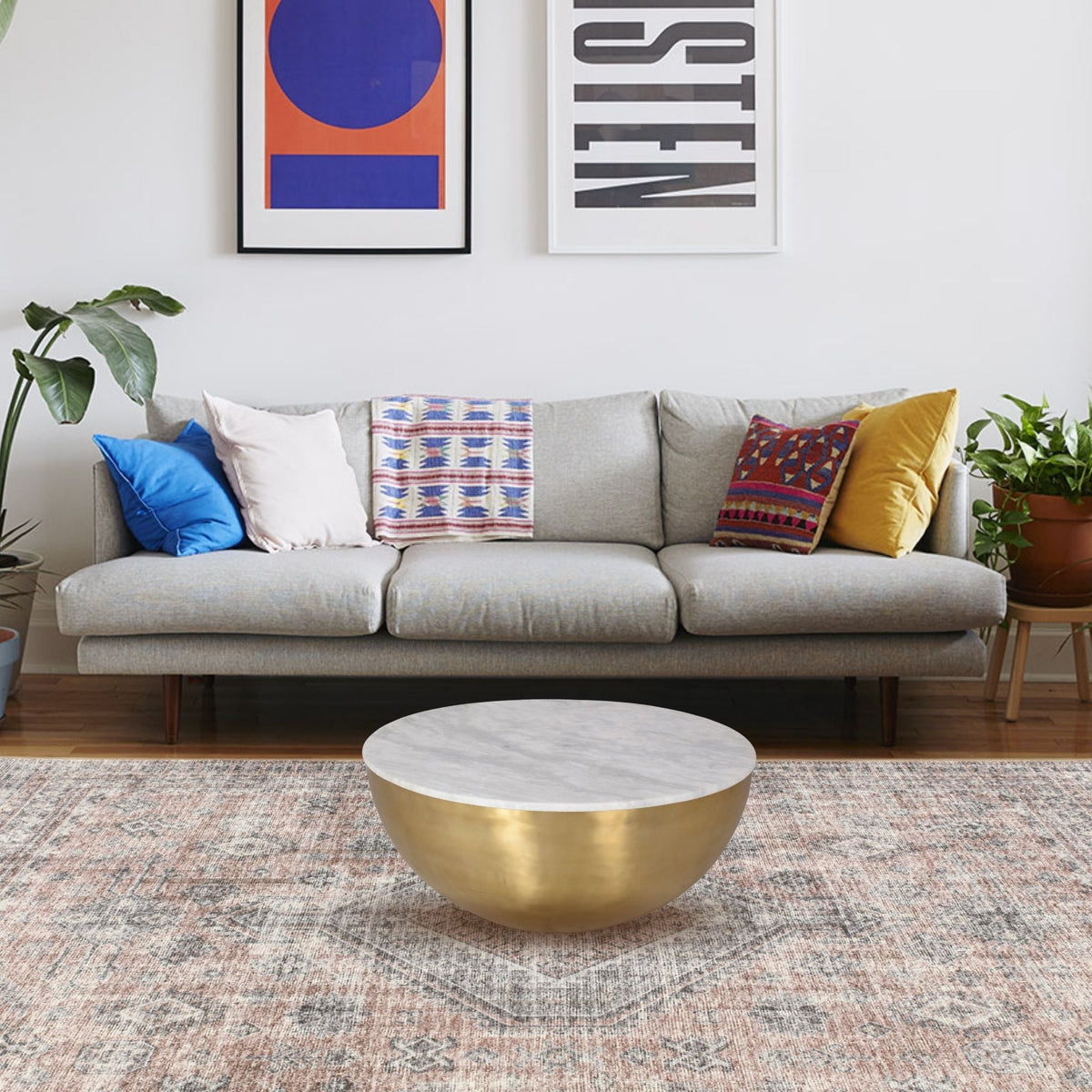Lia Brass Drum Coffee Table With Marble Top