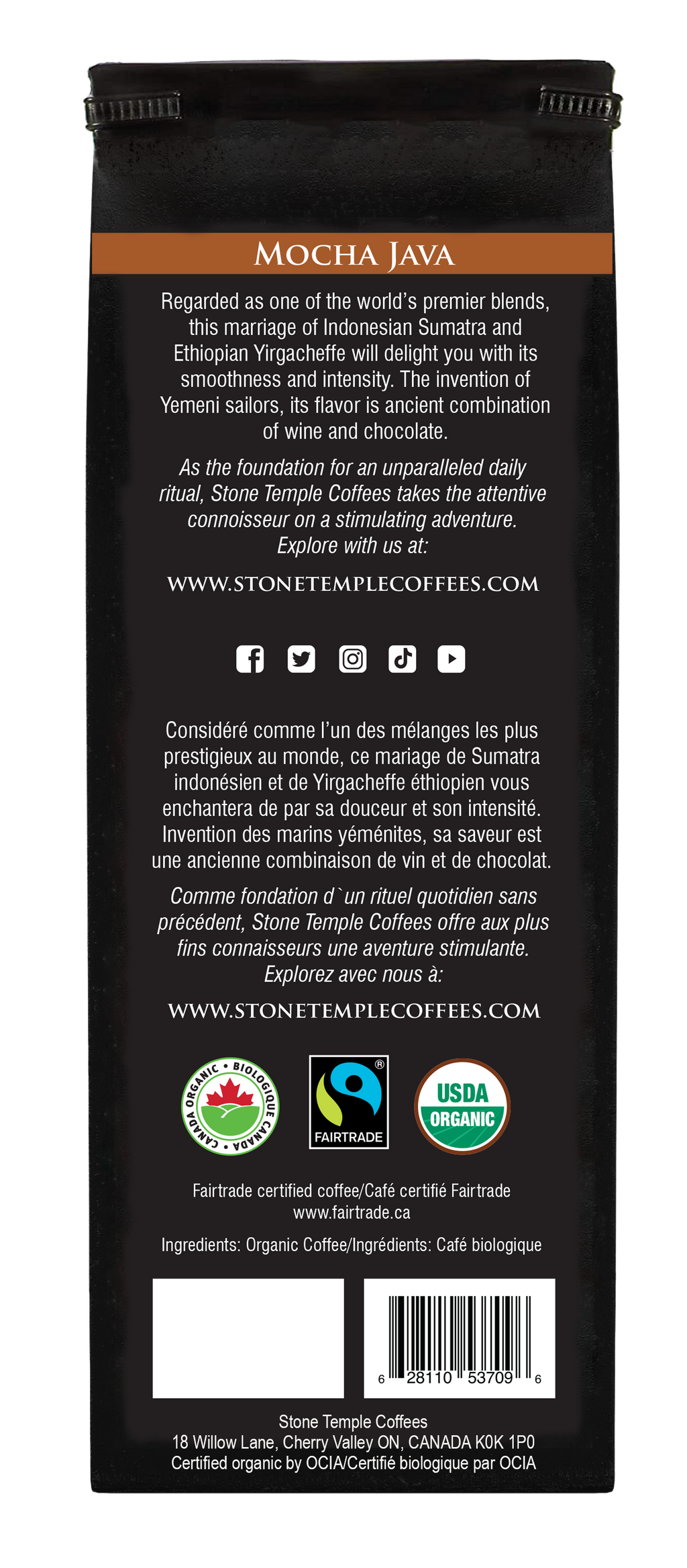 Mocha Java - Whole Bean, Medium Roast, Certified Organic OCIA / Fairtrade Coffee 1lb/454g