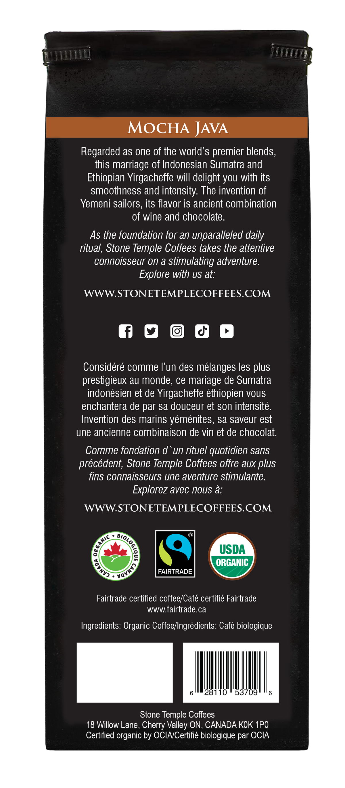 Mocha Java - Ground, Medium Roast, Certified Organic OCIA/ Fairtrade Coffee 1lb/454g
