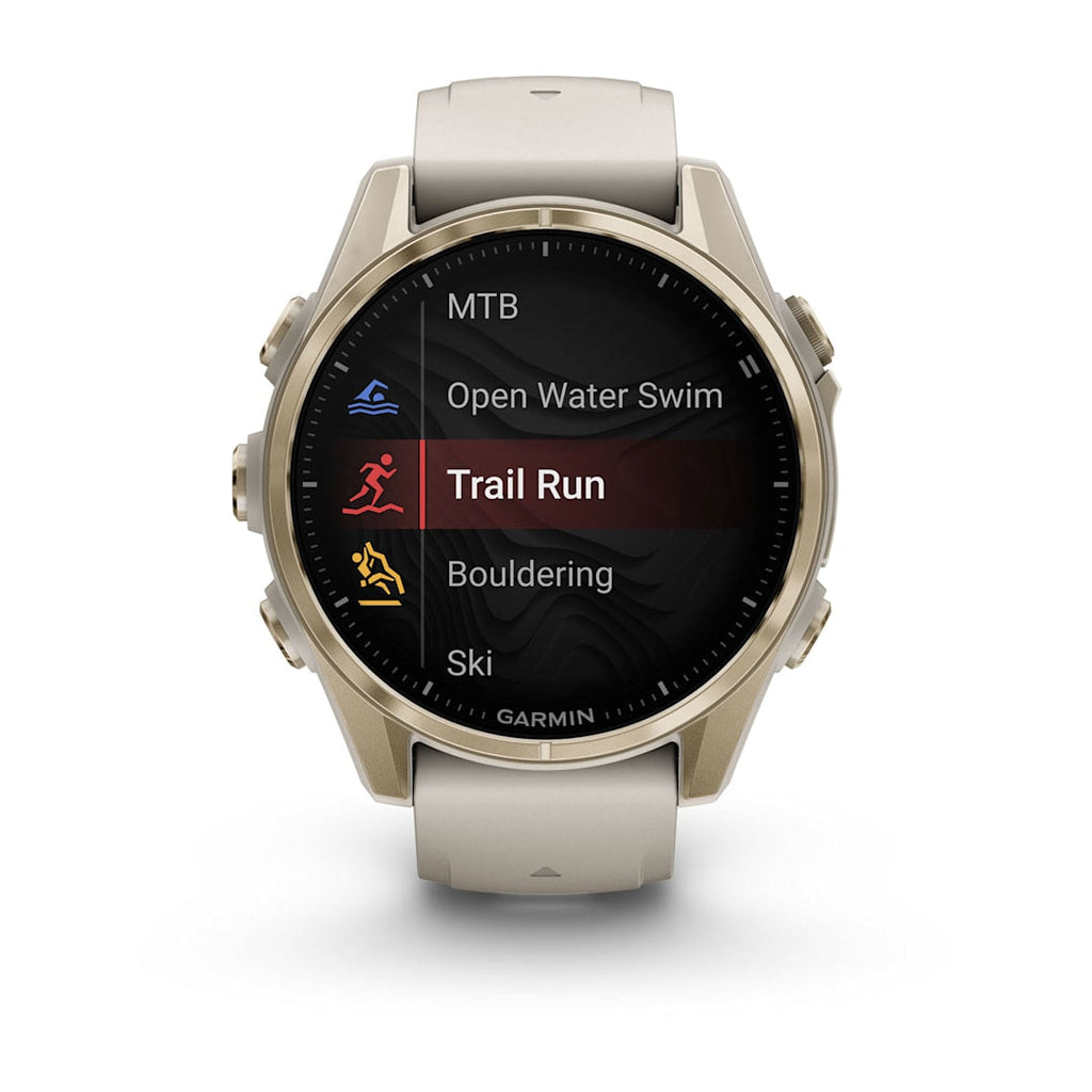 Fēnix® 8 – 43 mm AMOLED Soft Gold with Fog Gray/Dark Sandstone Band