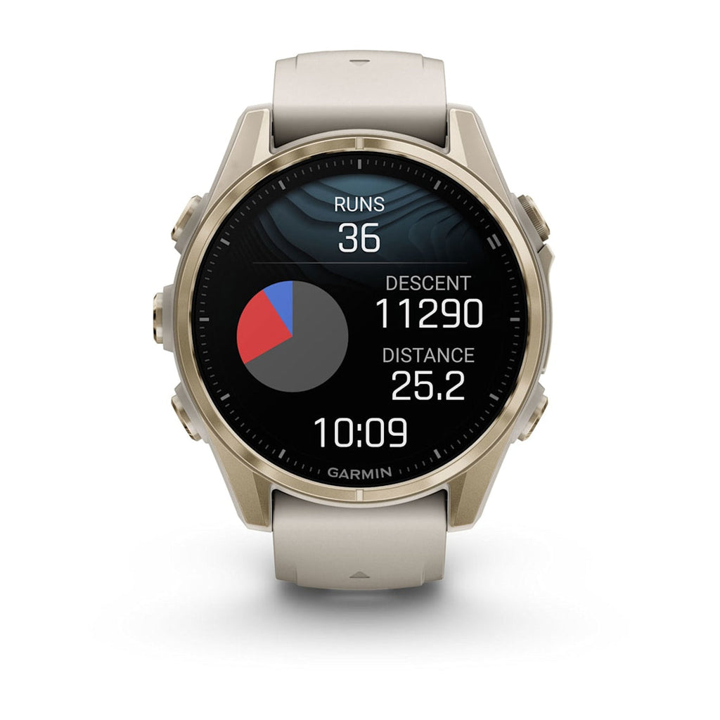 Fēnix® 8 – 43 mm AMOLED Soft Gold with Fog Gray/Dark Sandstone Band