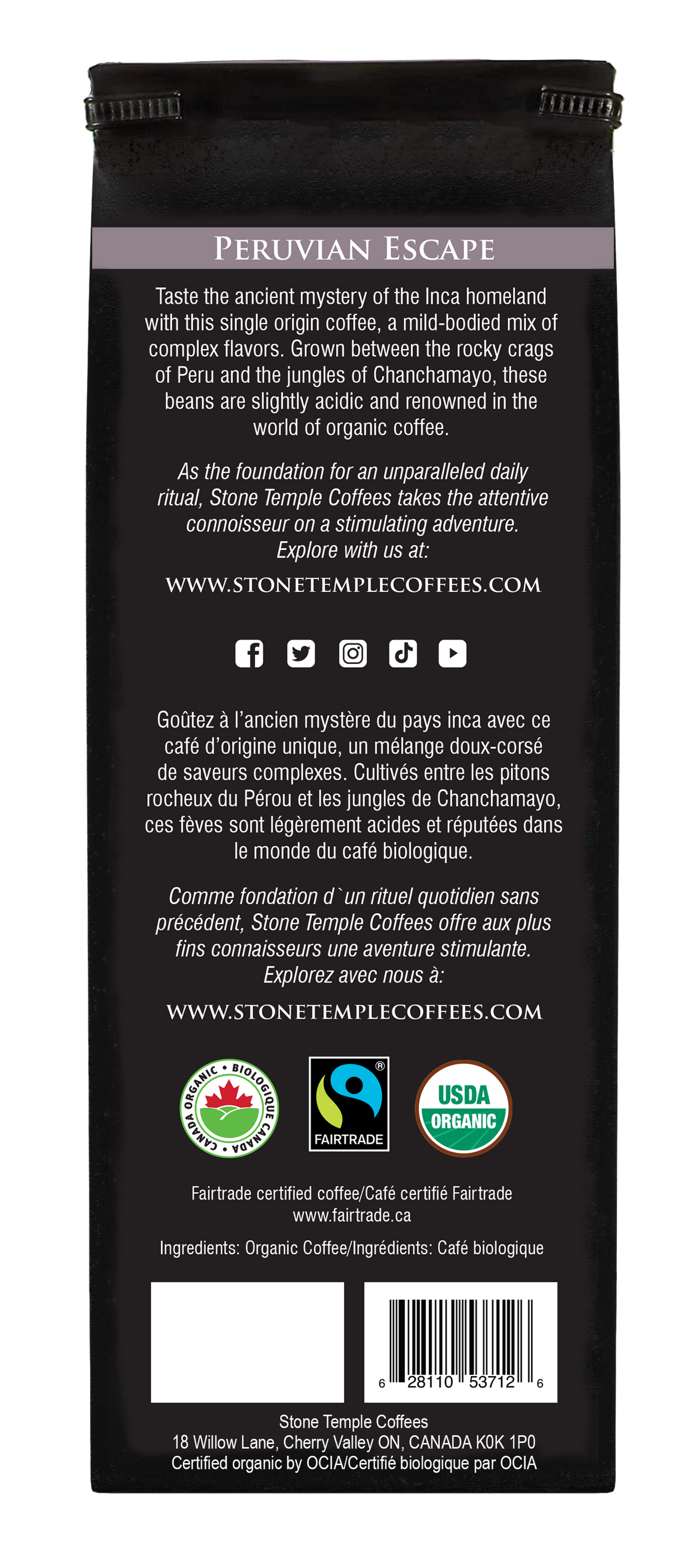Peruvian Escape - Whole Bean, Medium Roast, Certified Organic OCIA/ Fairtrade Coffee 1lb/454g