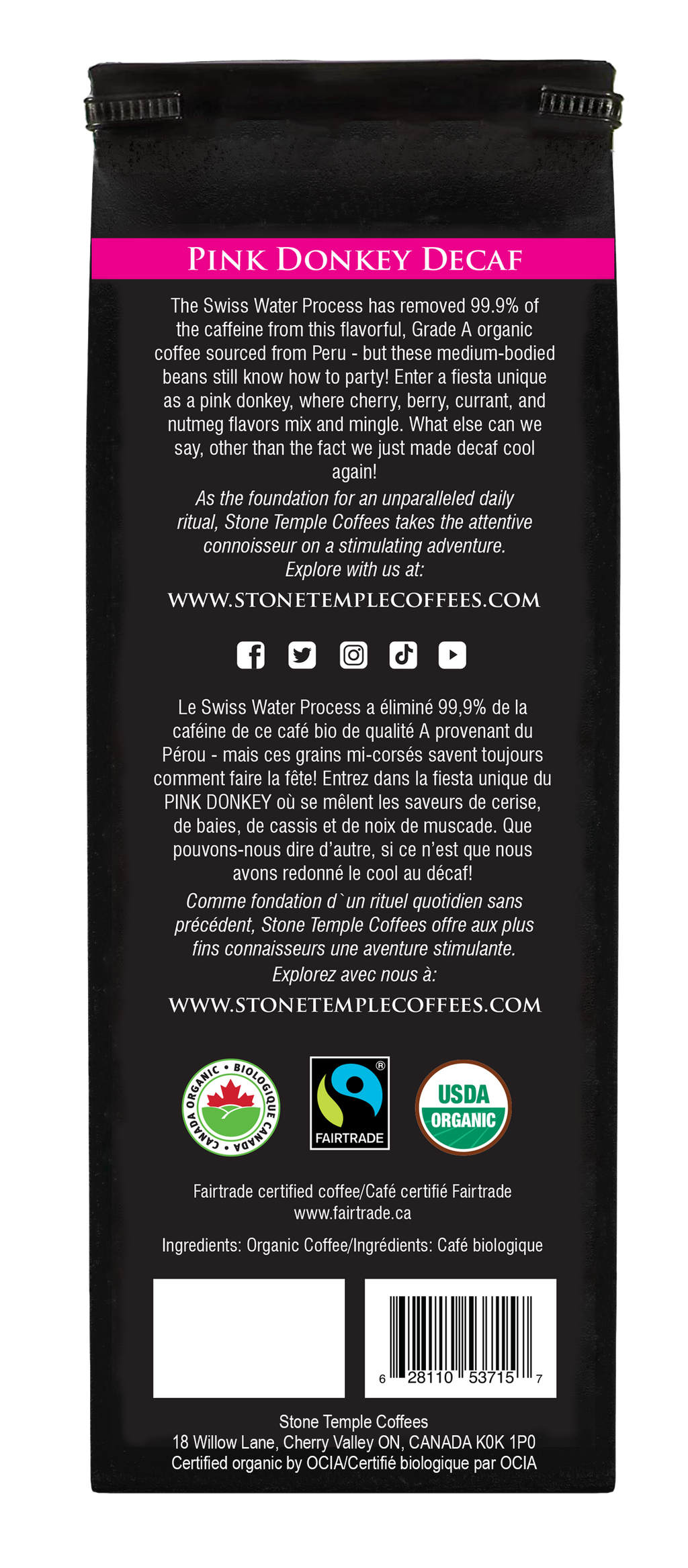 Pink Donkey Decaf - Ground, Medium Roast, Certified Organic OCIA/ Fairtrade Coffee 1lb/454g