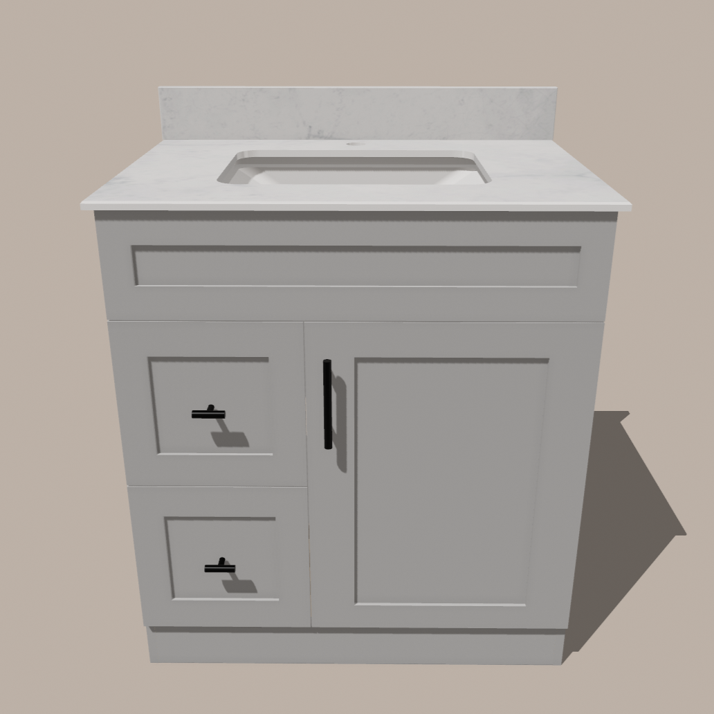 30-Inch Shaker Bathroom Vanity with Drawers — Left or Right | White or Gray | Plywood Cabinet, Solid-Wood Door, Soft-Close 3-Way Clip-On Hinges