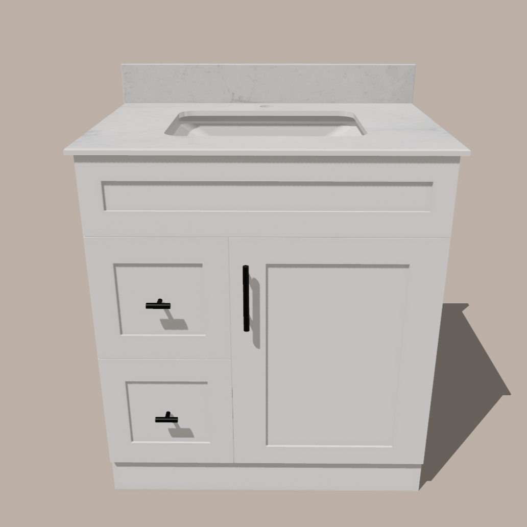 30-Inch Shaker Bathroom Vanity with Drawers — Left or Right | White or Gray | Plywood Cabinet, Solid-Wood Door, Soft-Close 3-Way Clip-On Hinges