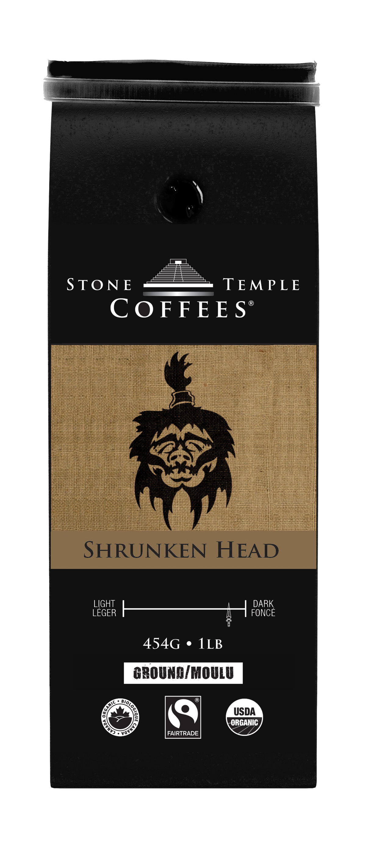 Shrunken Head - Ground, Bold Medium Roast, Certified Organic OCIA/ Fairtrade Coffee 1lb/454g