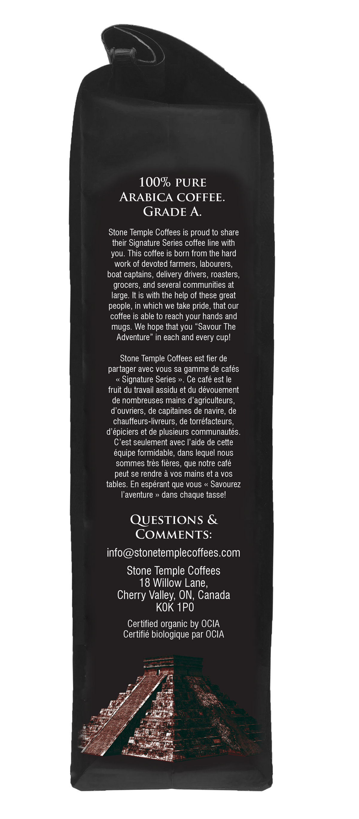 Dark Temple - Whole Bean, Dark French Roast, Certified Organic OCIA/ Fairtrade Coffee 1lb/ 454g