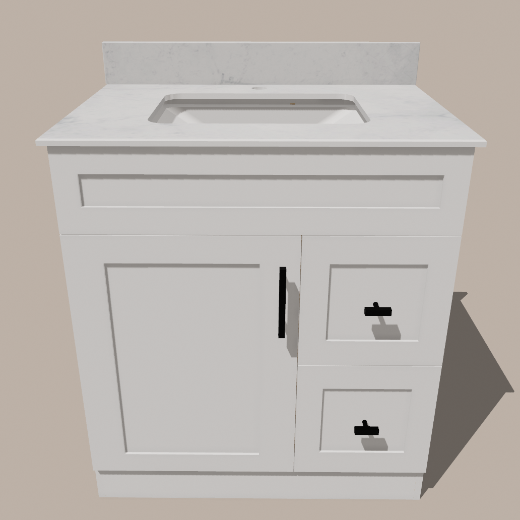30-Inch Shaker Bathroom Vanity with Drawers — Left or Right | White or Gray | Plywood Cabinet, Solid-Wood Door, Soft-Close 3-Way Clip-On Hinges