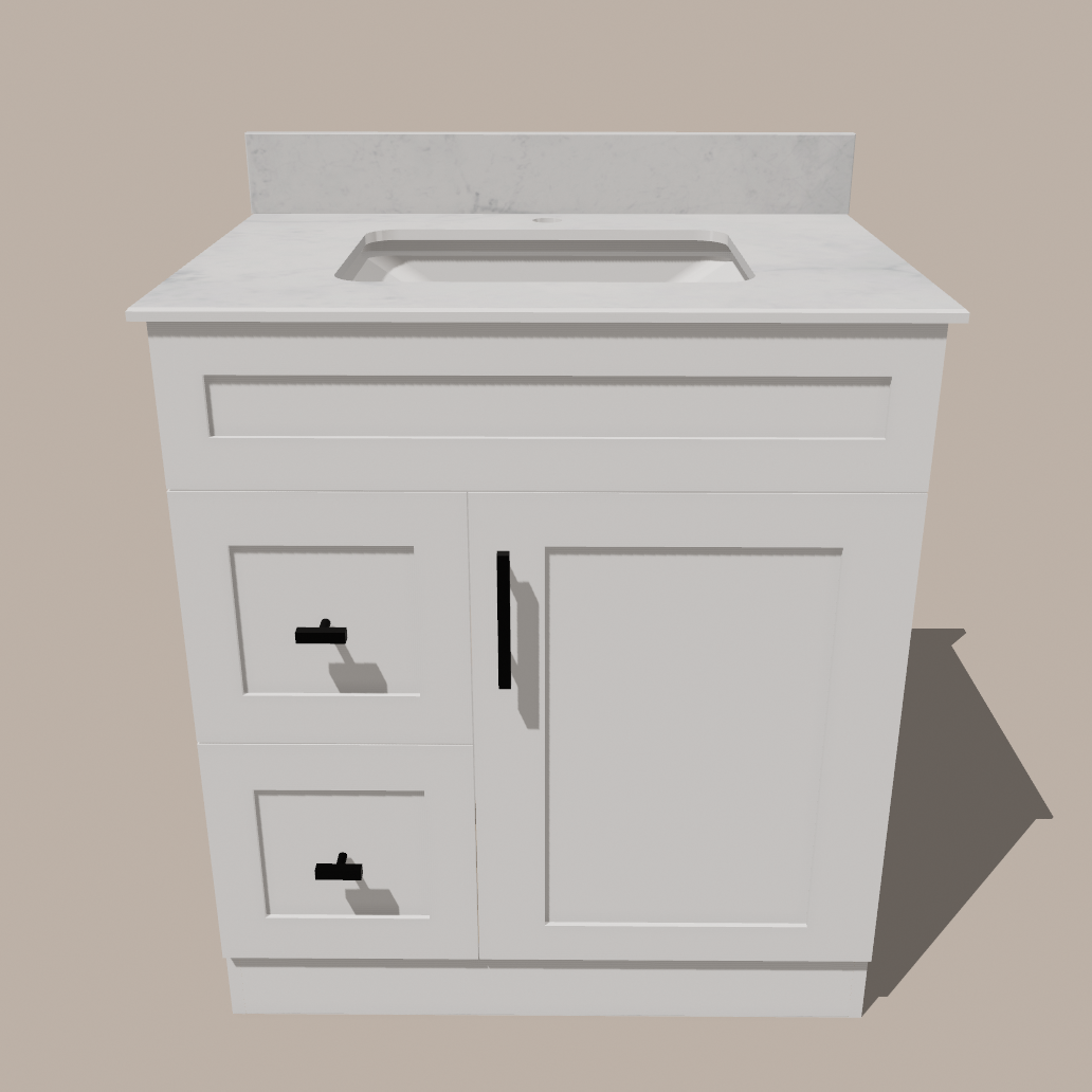 30-Inch Shaker Bathroom Vanity with Drawers — Left or Right | White or Gray | Plywood Cabinet, Solid-Wood Door, Soft-Close 3-Way Clip-On Hinges