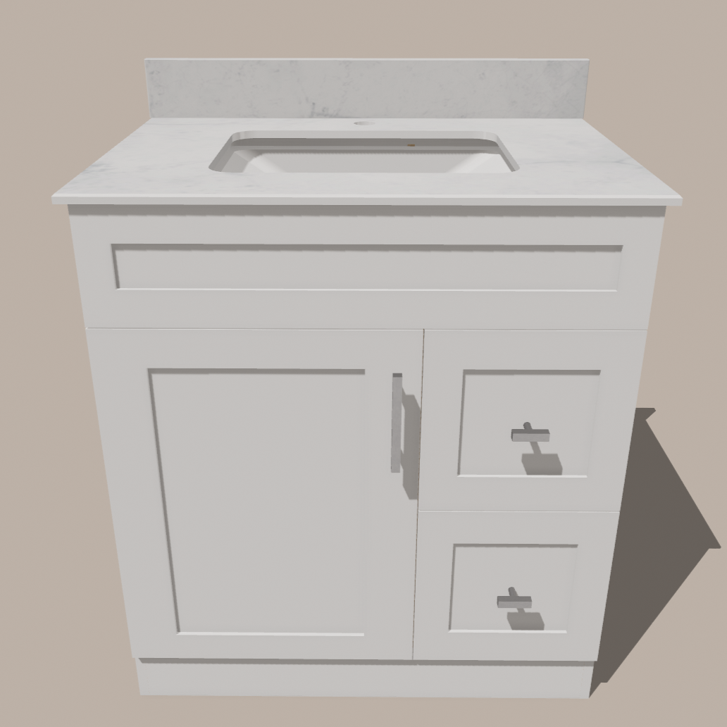 30-Inch Shaker Bathroom Vanity with Drawers — Left or Right | White or Gray | Plywood Cabinet, Solid-Wood Door, Soft-Close 3-Way Clip-On Hinges