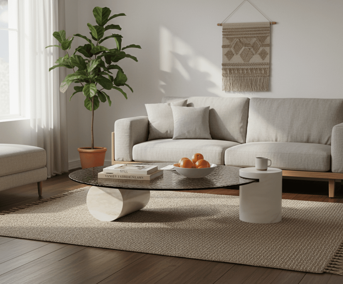 Water Ripple Glass Coffee Table with Stone Base